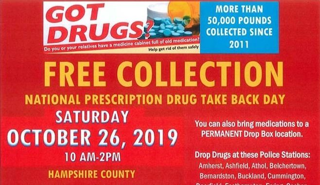 A red flyer lists the cities and towns participating in the free Oct. 26 drug take-back